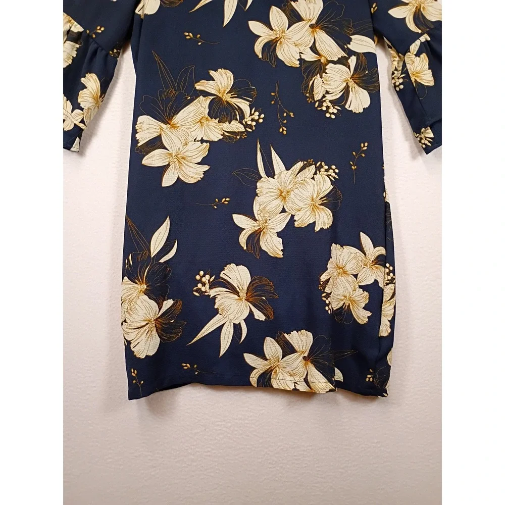 Boho Floral Belongsci Womens Small Navy Blue Tiered Bell Sleeve Shift Dress